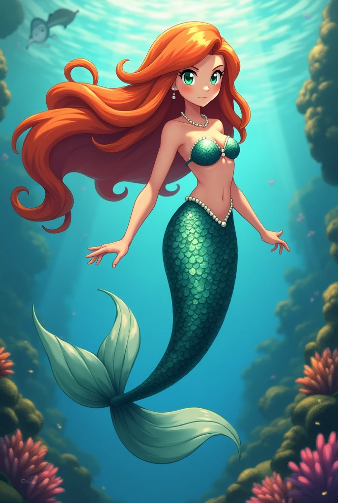Draw Misty from Pokémon as a mermaid.
Misty has orange hair; Her eyes are green.
Pearls adorn her hair.