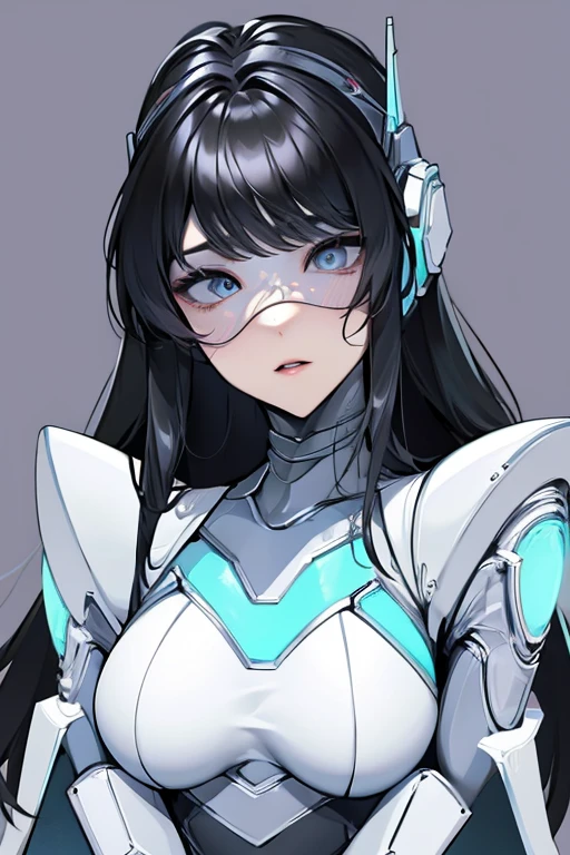 empty eyes,robotized woman ,big bust,Robot Joint ,Metal skin,Black Suit,long hair,a suit that covers the whole body,mechanization,robot, antenna