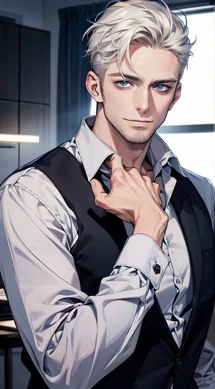 (best quality,4k,8k,highres,masterpiece:1.2),ultra-detailed,(realistic,photorealistic,photo-realistic:1.37),1 man,31 years old,mature man,very handsome,without expression,smile,short white hair,blue eyes,penetrating gaze,perfect face without errors,imposing posture,businessman,office background,cinematic lighting,hdr image