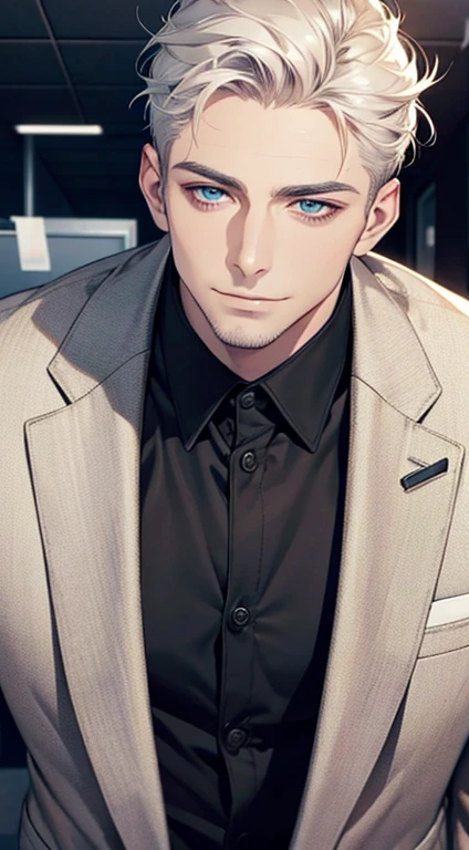 (best quality,4k,8k,highres,masterpiece:1.2),ultra-detailed,(realistic,photorealistic,photo-realistic:1.37),1 man,31 years old,mature man,very handsome,without expression,smile,short white hair,blue eyes,penetrating gaze,perfect face without errors,imposing posture,businessman,office background,cinematic lighting,hdr image