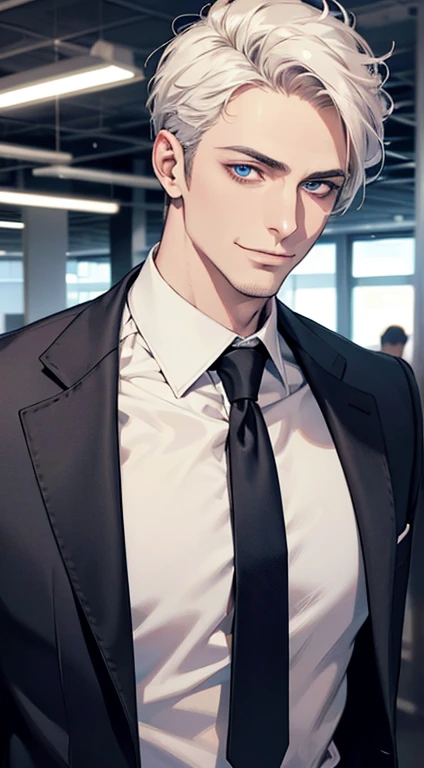 (best quality,4k,8k,highres,masterpiece:1.2),ultra-detailed,(realistic,photorealistic,photo-realistic:1.37),1 man,31 years old,mature man,very handsome,without expression,smile,short white hair,blue eyes,penetrating gaze,perfect face without errors,imposing posture,businessman,office background,cinematic lighting,hdr image