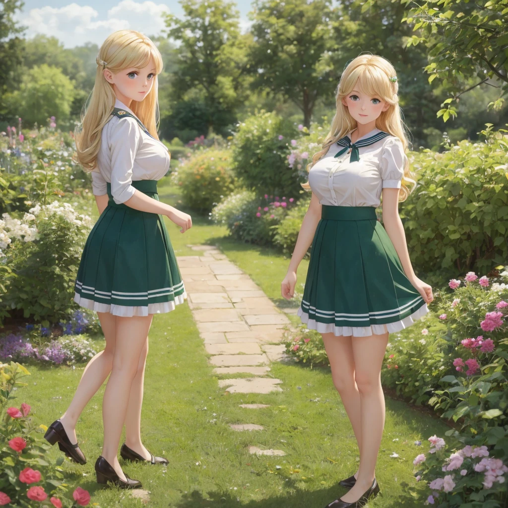 3 girls, long hair, Big breasts , Blushing, blond, Green-eyed sailor suit short skirt 1933 style cute and beautiful girl 18 years old in the garden beautiful long legs high resolution, best quality, masterpiece, Lift skirt mini skirt take off clothes