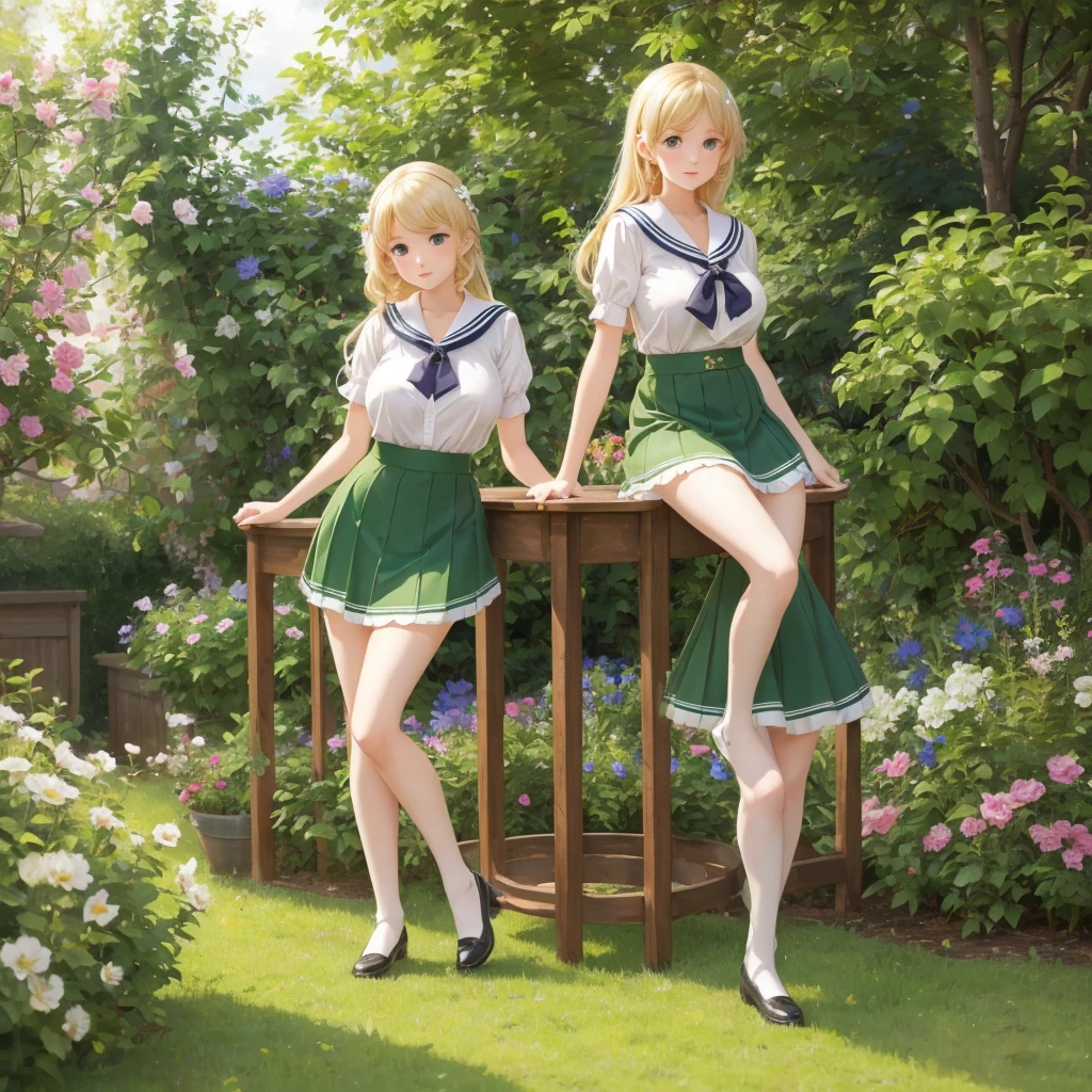 3 girls, long hair, Big breasts , Blushing, blond, Green-eyed sailor suit short skirt 1933 style cute and beautiful girl 18 years old in the garden beautiful long legs high resolution, best quality, masterpiece, Lift skirt mini skirt take off clothes