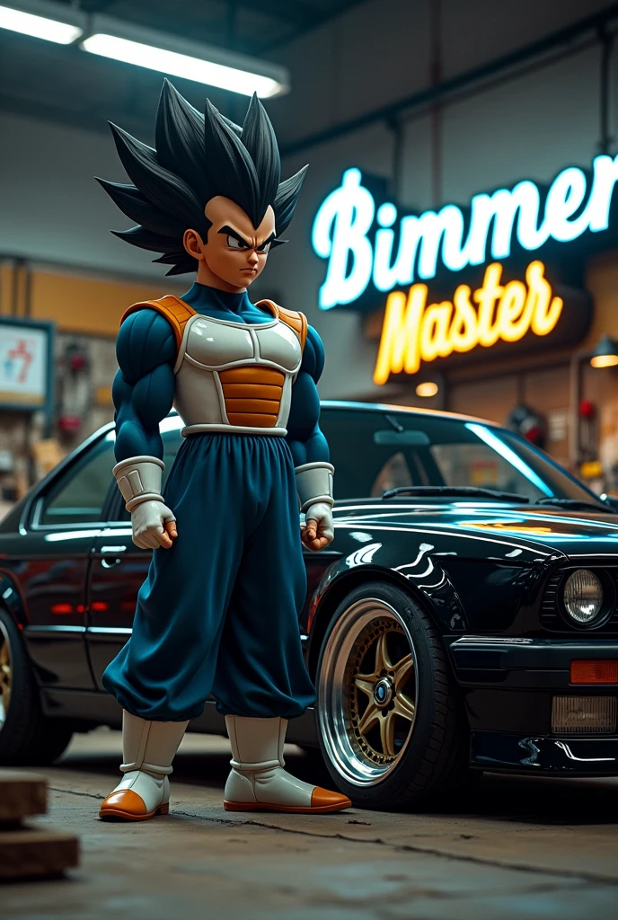 Vegeta next to a black BMW E34 with BBS wheels inside a mechanic's workshop and in the background a large sign that says Bimmer Master Engineers