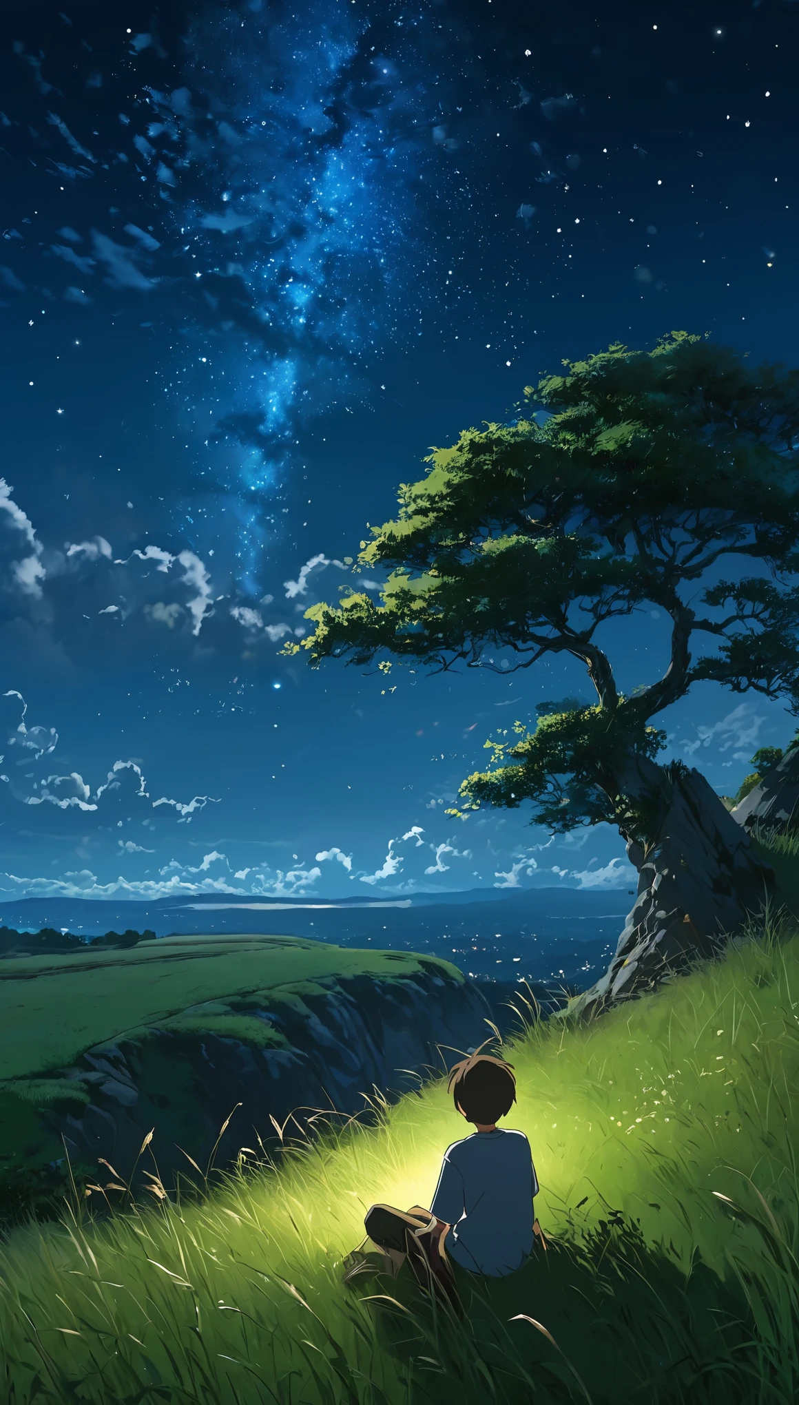 A boy sitting under a tree near a cliff in the grassland , seeing a vast night sky with fluffy clouds and brush strokes , Tall Grass Stone, , Makoto Shinkai Cyril Rolland, アニメart壁紙 4k, アニメart壁紙 4k, animated background, アニメart壁紙 8K, animated background art, anime landscape wallpapers, Awesome Wallpapers, High-resolution wallpapers, 4k anime wallpaper, 4k anime wallpaper, 牡羊座モロスart,art：Bob Bialy , アシュリーウッドartAI, Greg Rutkowski(Broke Effect)(Shining point)(Glowing Firefly) night