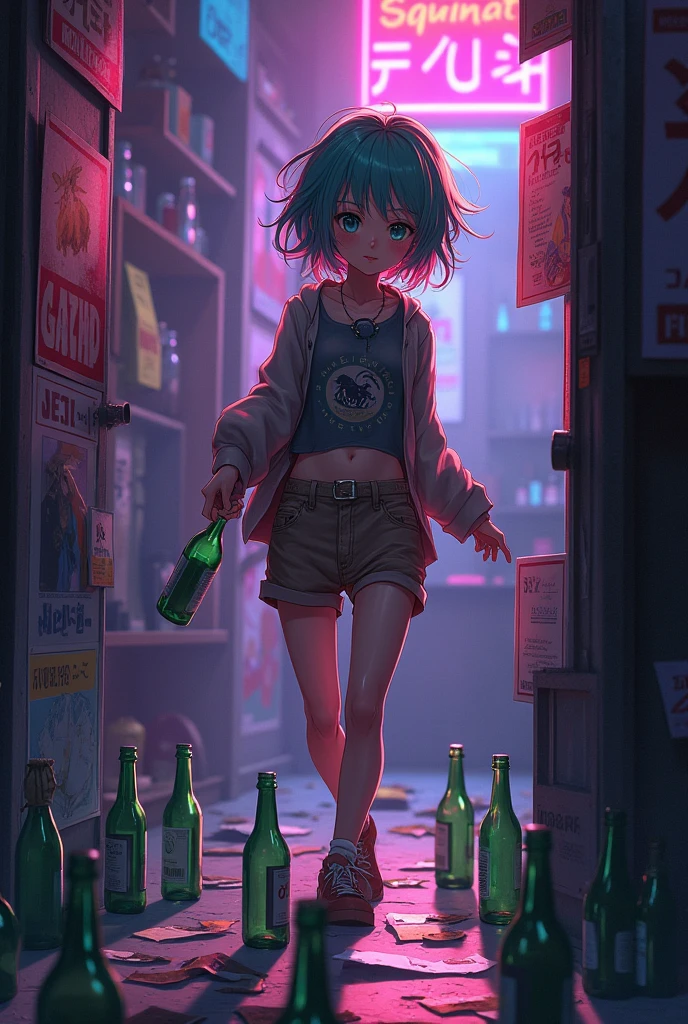 Drunk anime girl with a lot a empty bottles all over her room still drinking more alcohol while trying to walk around