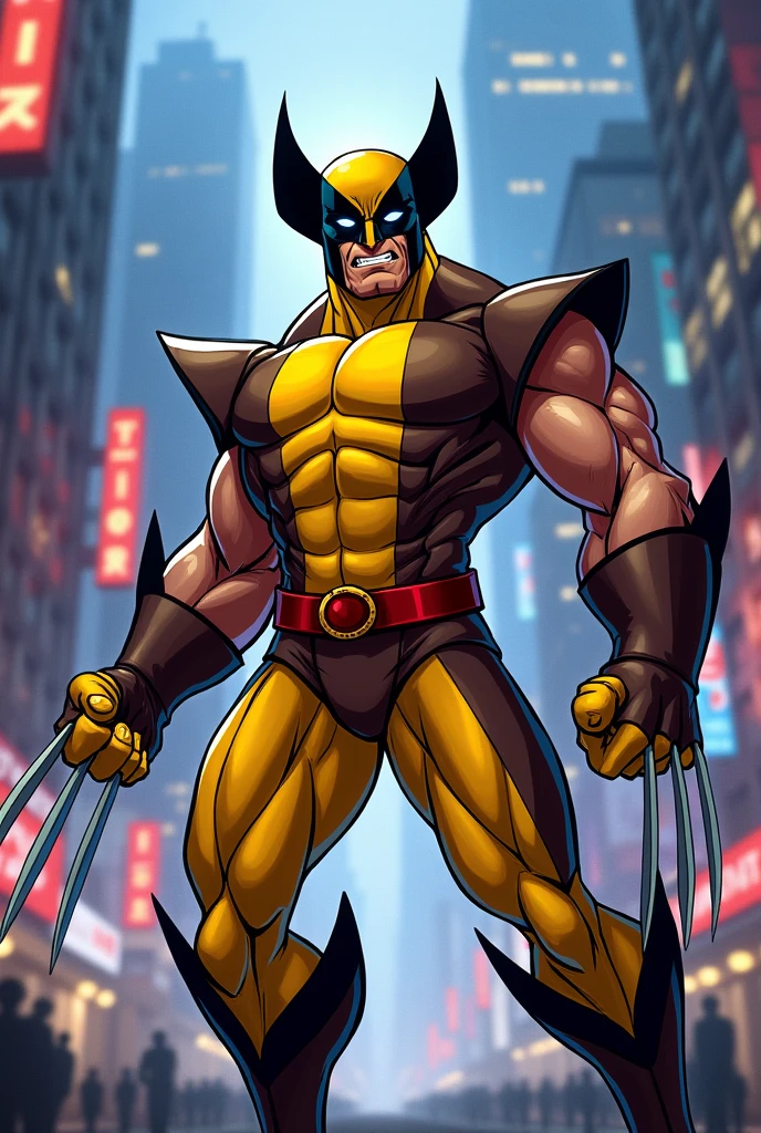 Cartoon wolverine with the yellow and brown suit The sides are yellow And the chest is brown and he Has claws And a yellow cowl