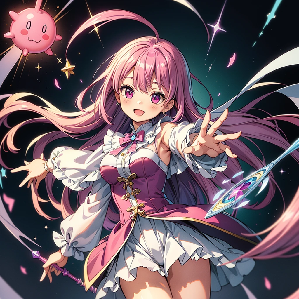 1girl,(((Highest quality、Masterpiece、Official Art、Dynamic composition、Super detailed、Perfect ???????)))、Milky white and magenta hair color、Magenta and blue palette、happiness、Happiness、Creative new hairstyle、Unique clothing、Sparkling、mirrornun、A cute, giant wand of a magician、