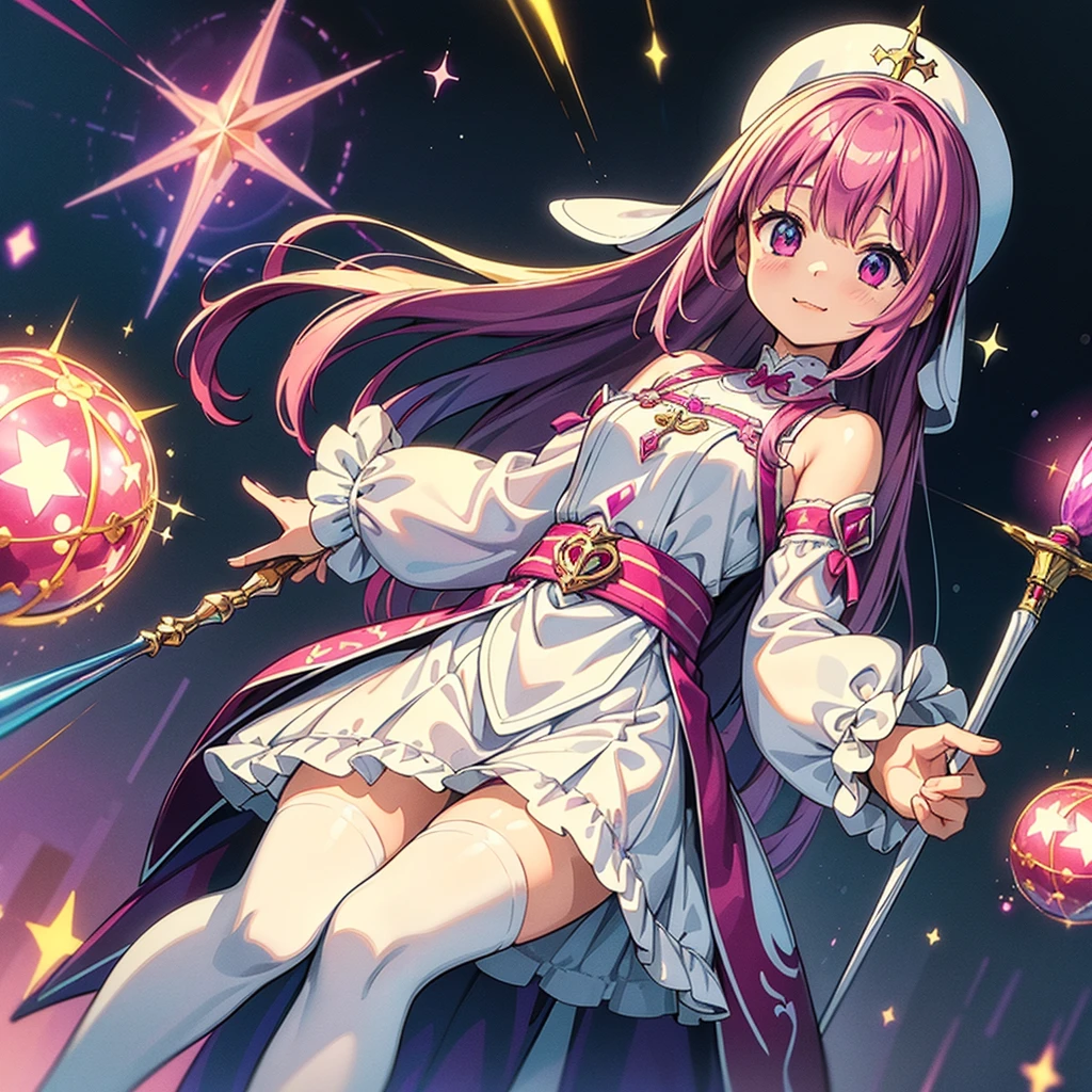 1girl,(((Highest quality、Masterpiece、Official Art、Dynamic composition、Super detailed、Perfect Anatomy)))、Milky white and magenta hair color、Magenta and blue palette、happiness、Happiness、Creative new hairstyle、Unique clothing、Sparkling、mirrornun、A cute, giant wand of a magician、