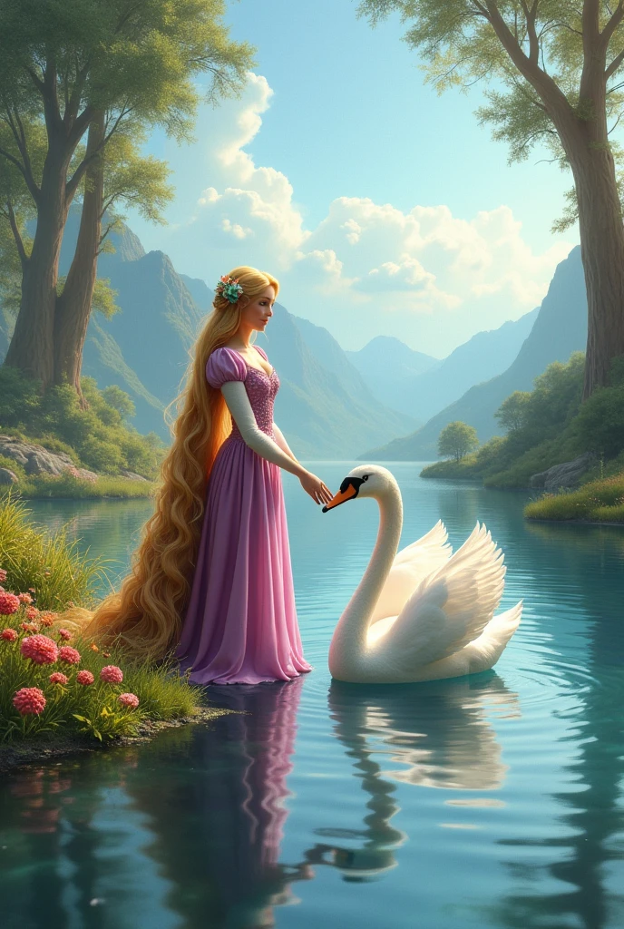 Rapunzel and a swan
