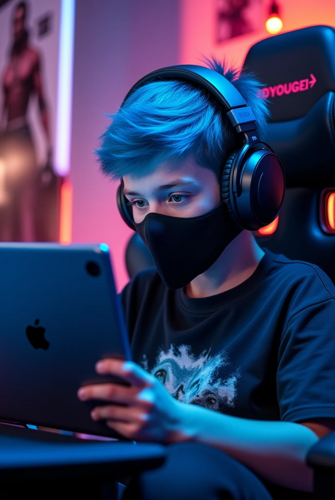 give me profile picture for YouTube channel which a boy Play PUBG in ipad one his hand the boy hair color is blue how have covered his by a full mask he seting in gaming chair he were a hiperx headphones