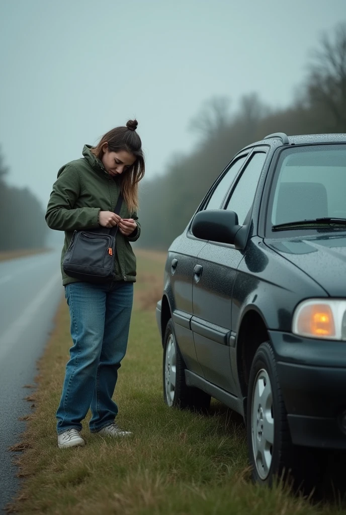 sad people, because her car tire is flat

