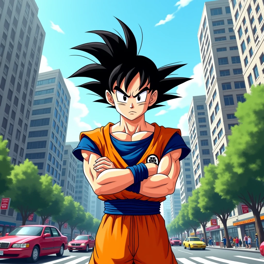 Draw Goku looking annoyed at the viewer in the city