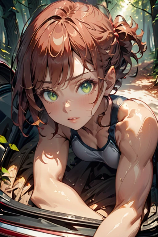 college woman; Athletic and toned physique; naturally attractive with delicate features; short auburn hair; green eyes; fair skin with a light tan; best quality; soft blur background; trending on artstation; complex volumetric lighting; strong shadows; artistic lighting; dynamic; energetic vibe; realistic skin; specular highlights; micro-textures; highly detailed hair; kidnapped in trunk of a car in the woods