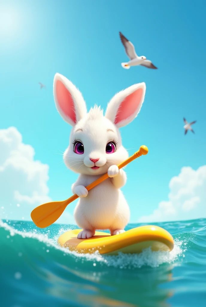 A cute little rabbit
Standing holding a paddle
Paddling a SUP board in the sea
