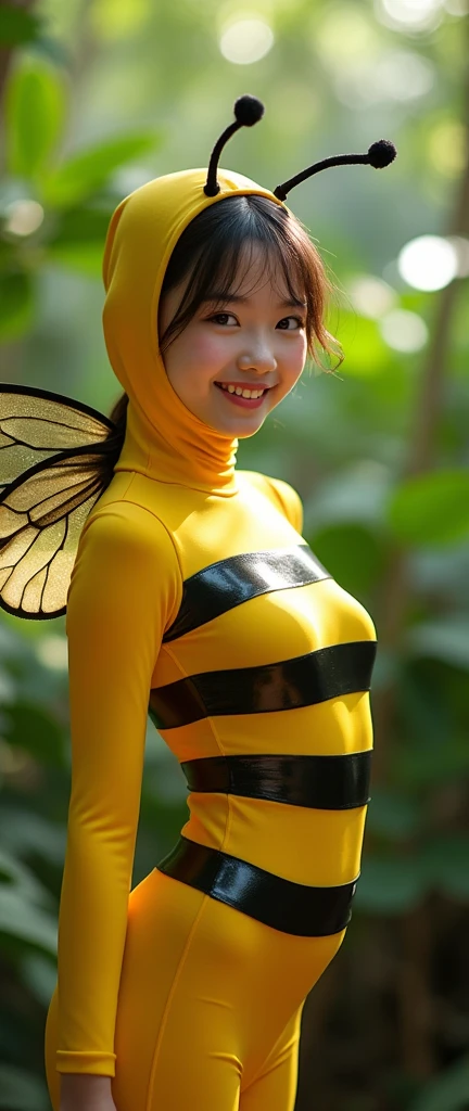 The beautiful Chinese adult girl with beautiful cheeks wears yellow Bee lycra turtleneck unitard catsuit covered with black stripes.She has a pair of insect wings.She always wear bee lycra elastane stretchy dancewear hijab-like hood with antenna.She is happy at Jungle.