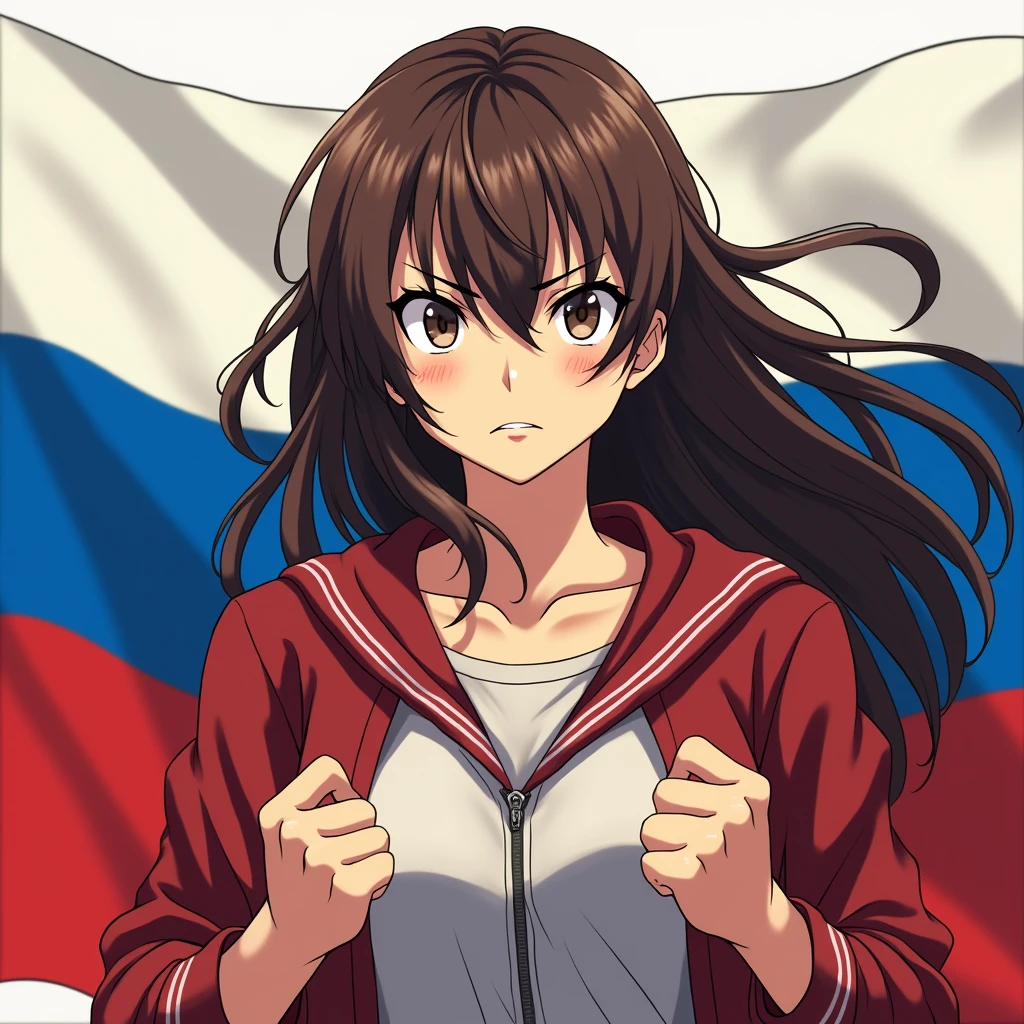 beautiful brunette girl angry with brown eyes on the background of the Russian flag in anime style