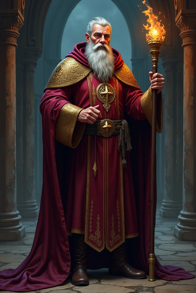 dungeons and dragons style, dark fantasy, vector character, a fullbody medieval priest, normal body, full unshaven beard, and short gray hair, 65 years old