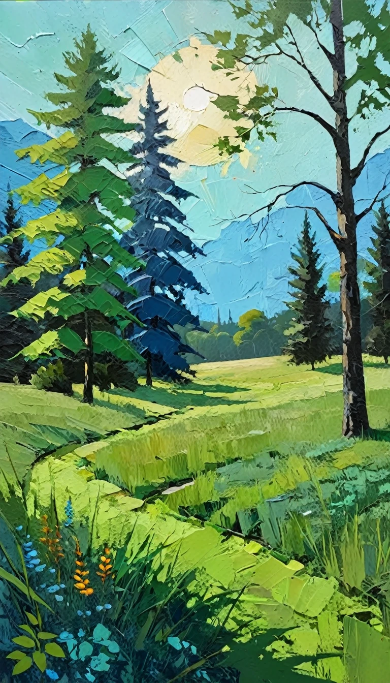 A heavy texture oil painting, Thick brushwork, dry brush,Expose the bottom layer, breathtaking composition,Green grass，sunny，Dark trees in the foreground，Mood lighting, Dramatic shadows, Soft earthy colors, Vibrant colors, Very detailed, masterpiece, Use a light green color palette, Soft blue, Dark gray blue, dark green, Ensure design elements are balanced. Greg Gossell: Combining collage and mixed media with influences from street art，Create vibrant works