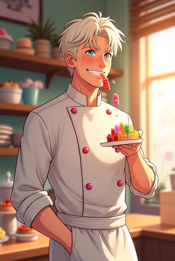handsome anime man, pastry chef, eating gummy bears, albino, anime, flirtatious, with freckles, Tall boy