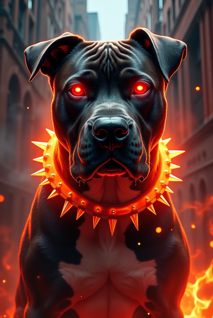 Face of a Pitbull with red eyes and a spiked collar on fire