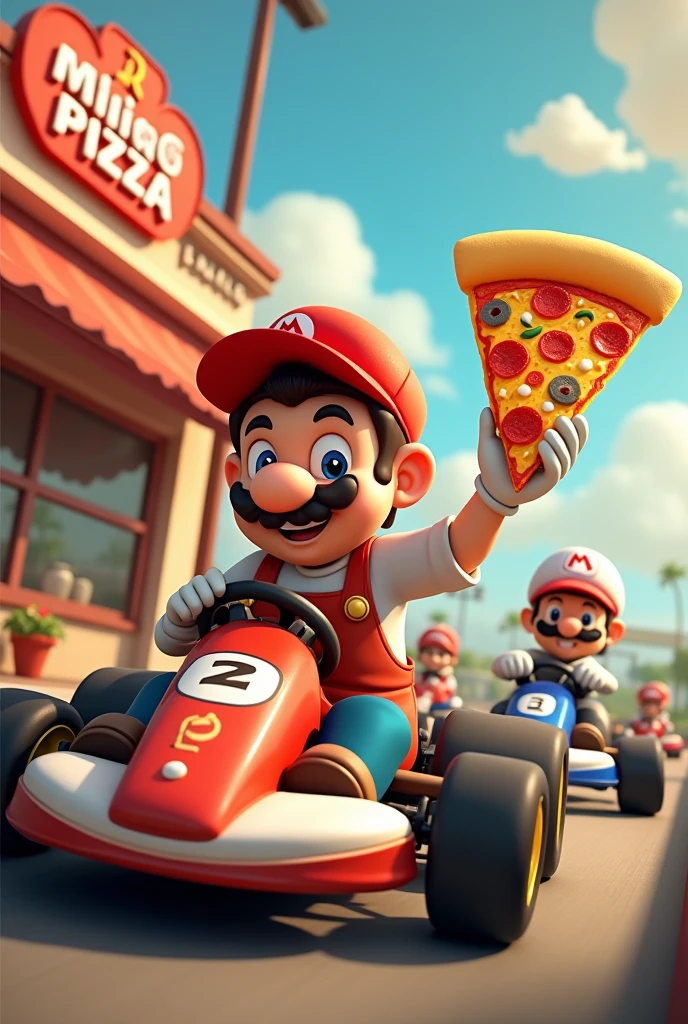 Crée-moi une bande de personnages amateurs de pizzas en karting puissants évoquant des personnages ressemblant Mario kart mais libre de droit d'auteur pour décorer ma pizzeria dont l'enseigne est "Milano Pizza"devant le karting électrique . 