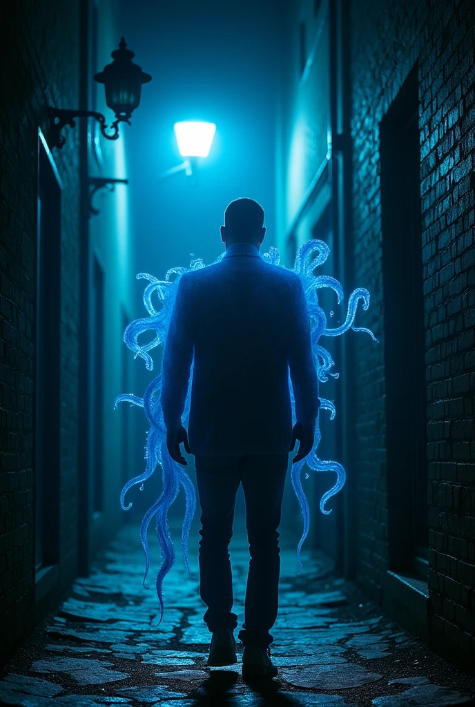 The shadow of a man ,blue tentacles on the back