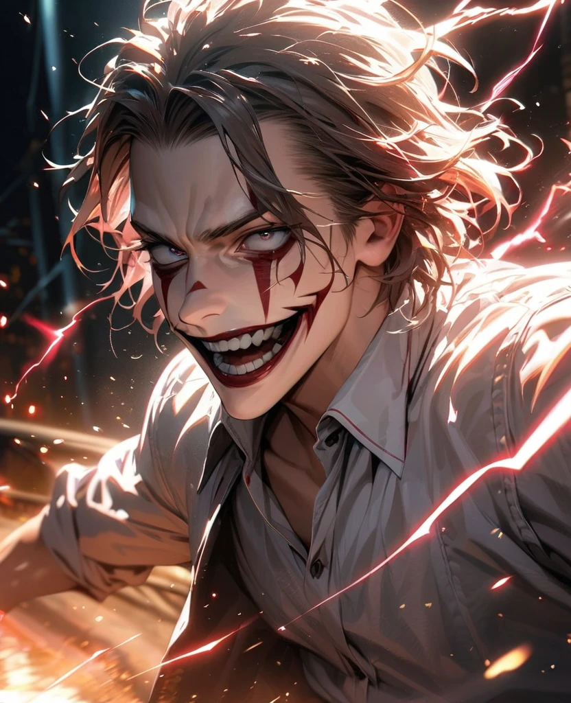 absurdres, highres, ultra detailed, HDR, masterpiece, extremely detailed face and eyes,Heath ledger Joker,red and white shirt,,,  , solo, man, handsome, ,, , Epic fight scene,red white, splashing effect, red and white lightning effect,glowing glitters
