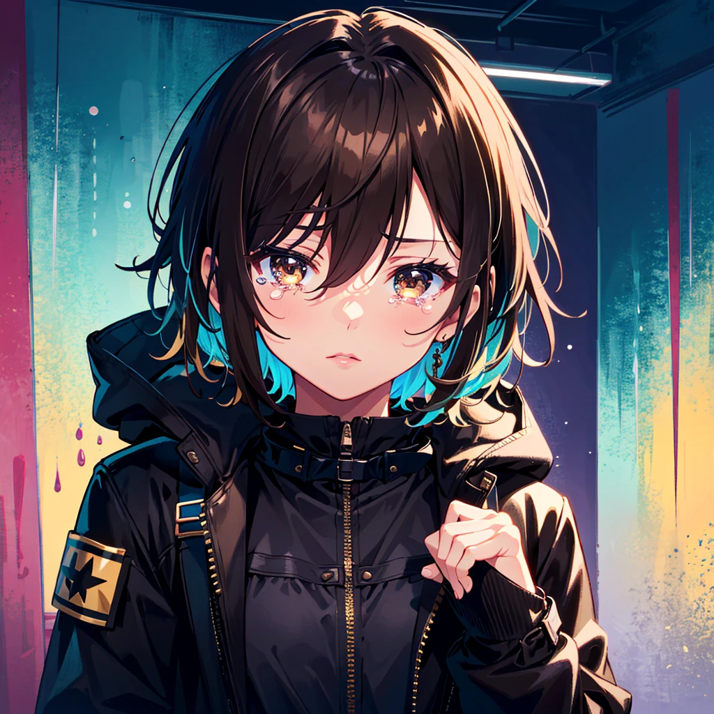 Solo, short hair, brown hair, brown eyes, one girl, hair between the eyes, closed mouth, jacket, upper body, female focus, indoors, open clothes, belt, hood, cute hand pose, Asymmetrical hair, lips, black jacket, looking at viewer, tears, hints, colorful background