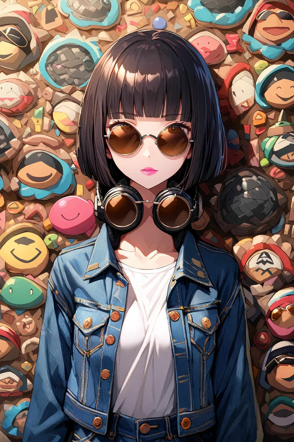 (extremely detailed fine touch:1.3), (((roundrim sunglasses:1.3))), (wear black headphones around neck:0.9), girl, solo, extremely detailed 2.5D face, bowl cut hair, blunt bangs, black hair, brown eyes, pink lipstick, medium breasts, denim jacket, white shirt, denim pants, extremely detailed wall