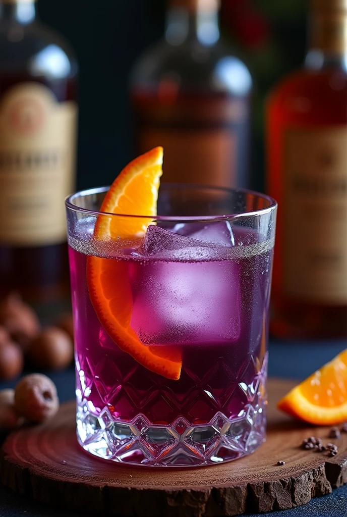 cocktail "Andes Sunset" (Misky Moray)**
**Visual Description:**
- **Color:** The cocktail has a deep dark purple hue, thanks to the purple corn, with dark nuances coming from the coffee and cocoa.
- **vase:** Served in a low glass ("old fashioned") crystal, that highlight the intense color of the drink.
- **ice:** You can see a couple of large ice cubes, clear and transparent that accentuate the elegance of the cocktail.
- **Decor:** A thin orange slice floats on the edge of the glass, while a small twisted orange peel rests delicately on the ice. The rim of the glass may have a subtle touch of quinoa salt for a textural detail. That it is presented in an environment with various elements regarding the liquor that highlight its surroundings but do not overshadow the liquor