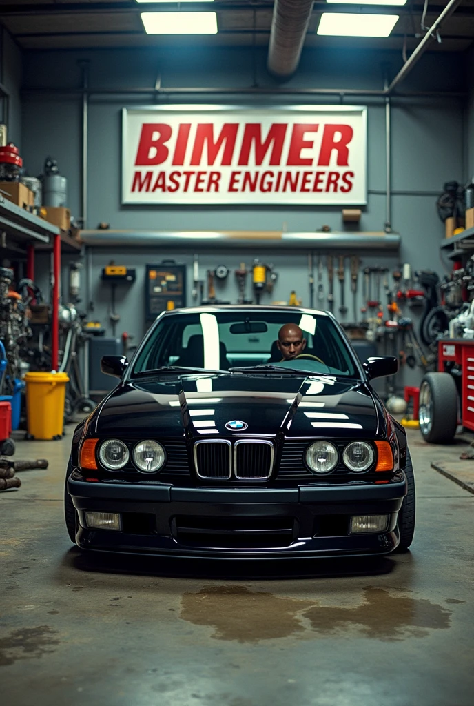 Vegeta sitting inside a black BMW E34 with BBS rims, inside a mechanic shop, and in the background a large sign that says Bimmer Master Enginners