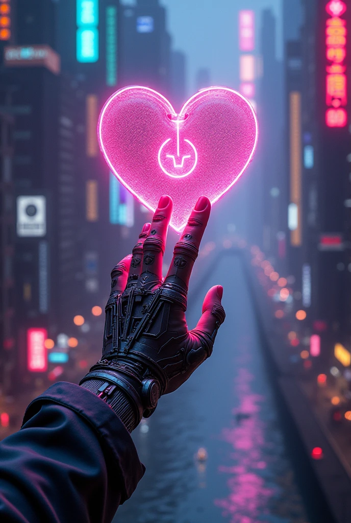 A cybernetically enhanced hand reaches out from the depths of a flickering neon city,  Neon rivers flow beneath towering circuit boards, and the city's metallic heart pulsates with iridescent light.