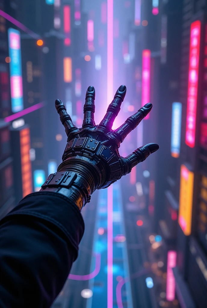 A cybernetically enhanced hand reaches out from the depths of a flickering neon city, Neon rivers flow beneath towering circuit boards, and the city's metallic heart pulsates with iridescent light.