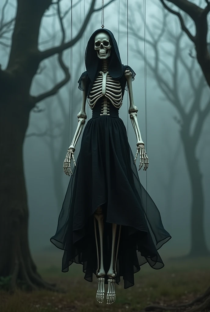 marionette created from the skeleton of an ancient warrior, With a black hooded dress 