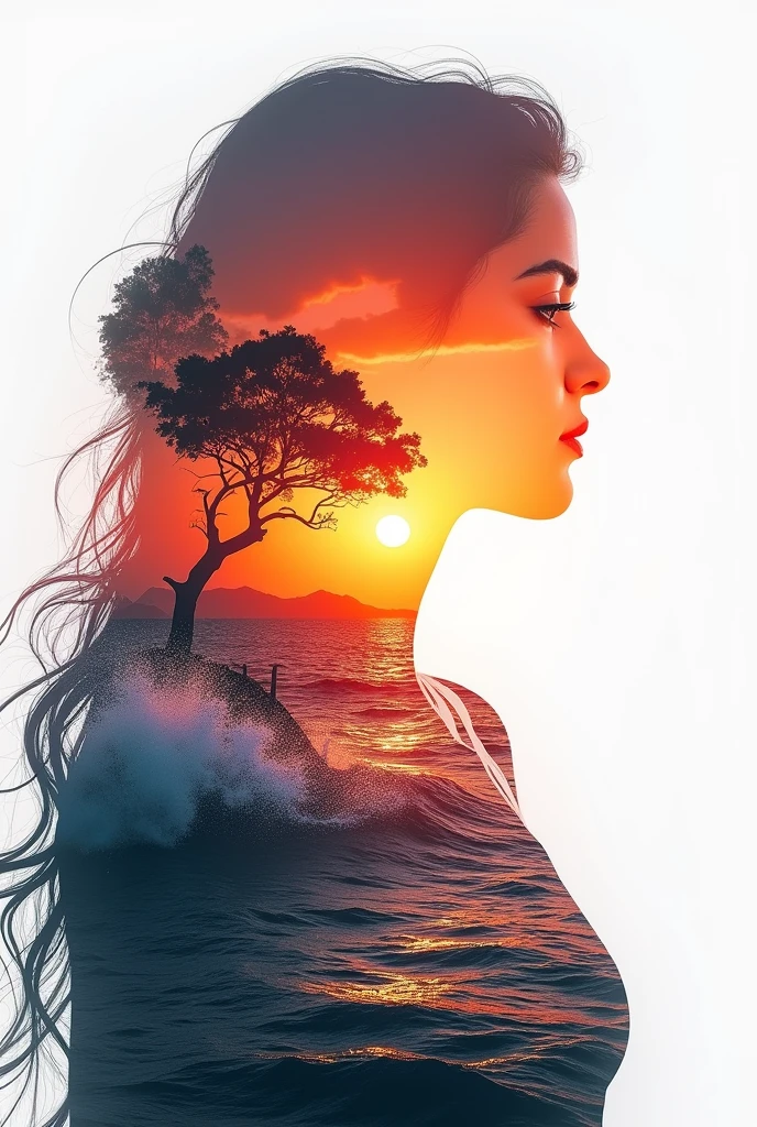 high quality, 8K Ultra HD, A beautiful double exposure that combines an goddess silhouette with sunset coast, sunset coast should serve as the underlying backdrop, with its details incorporated into the goddess , crisp lines, The background is monochrome, sharp focus, double exposure, by yukisakura, awesome full color,