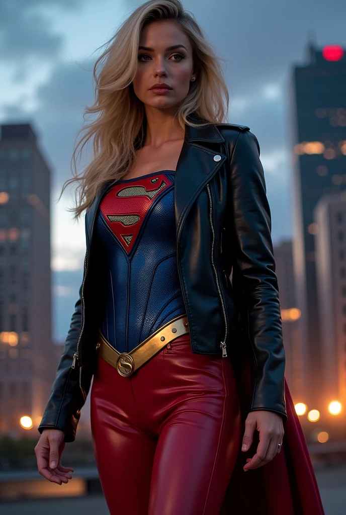 A beautiful woman Gaia Weiss under the mantle of the Kryptonian Kara Zor-El aka Supergirl black leather jacket blue corset with Superman emblem on her chest red leather pants