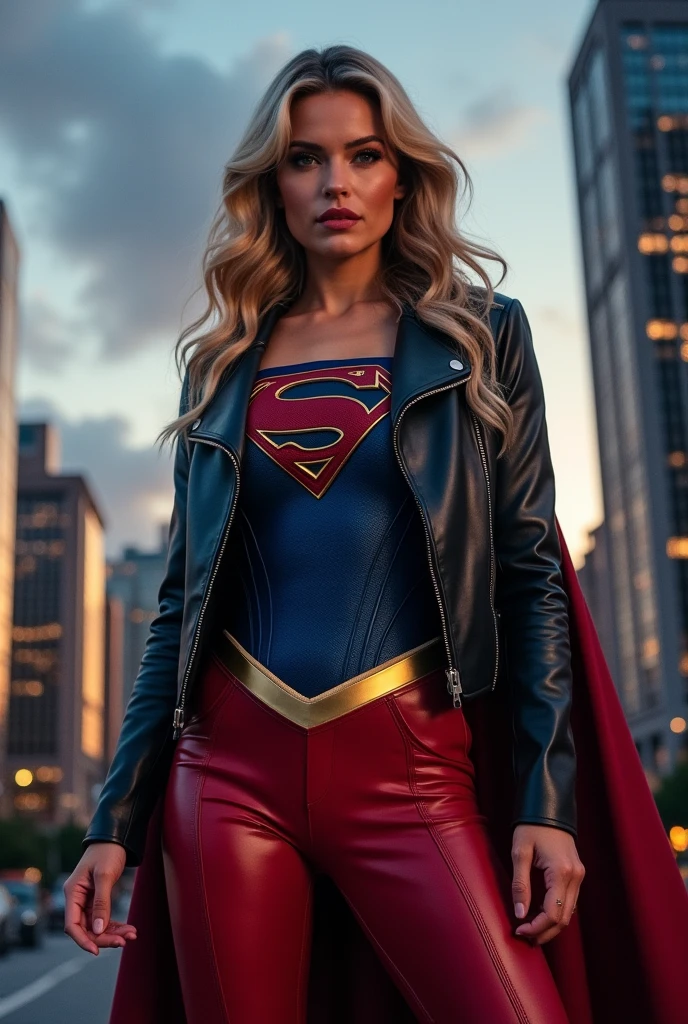 A beautiful woman Gaia Weiss under the mantle of the Kryptonian Kara Zor-El aka Supergirl black leather jacket blue corset with Superman emblem on her chest red leather pants