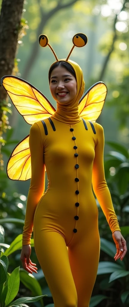 The beautiful Chinese adult girl with beautiful cheeks wears yellow Bee lycra turtleneck unitard catsuit covered with black stripes.She has a pair of insect wings.She always wear lycra elastane stretchy dancewear hijab-like hood with antenna.She is happy at Jungle.She is having bee makeup.