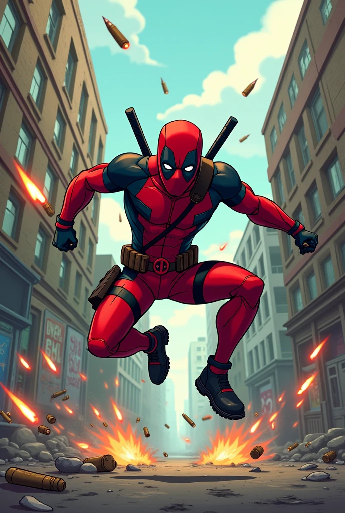 Animated Deadpool dodging gun bullets