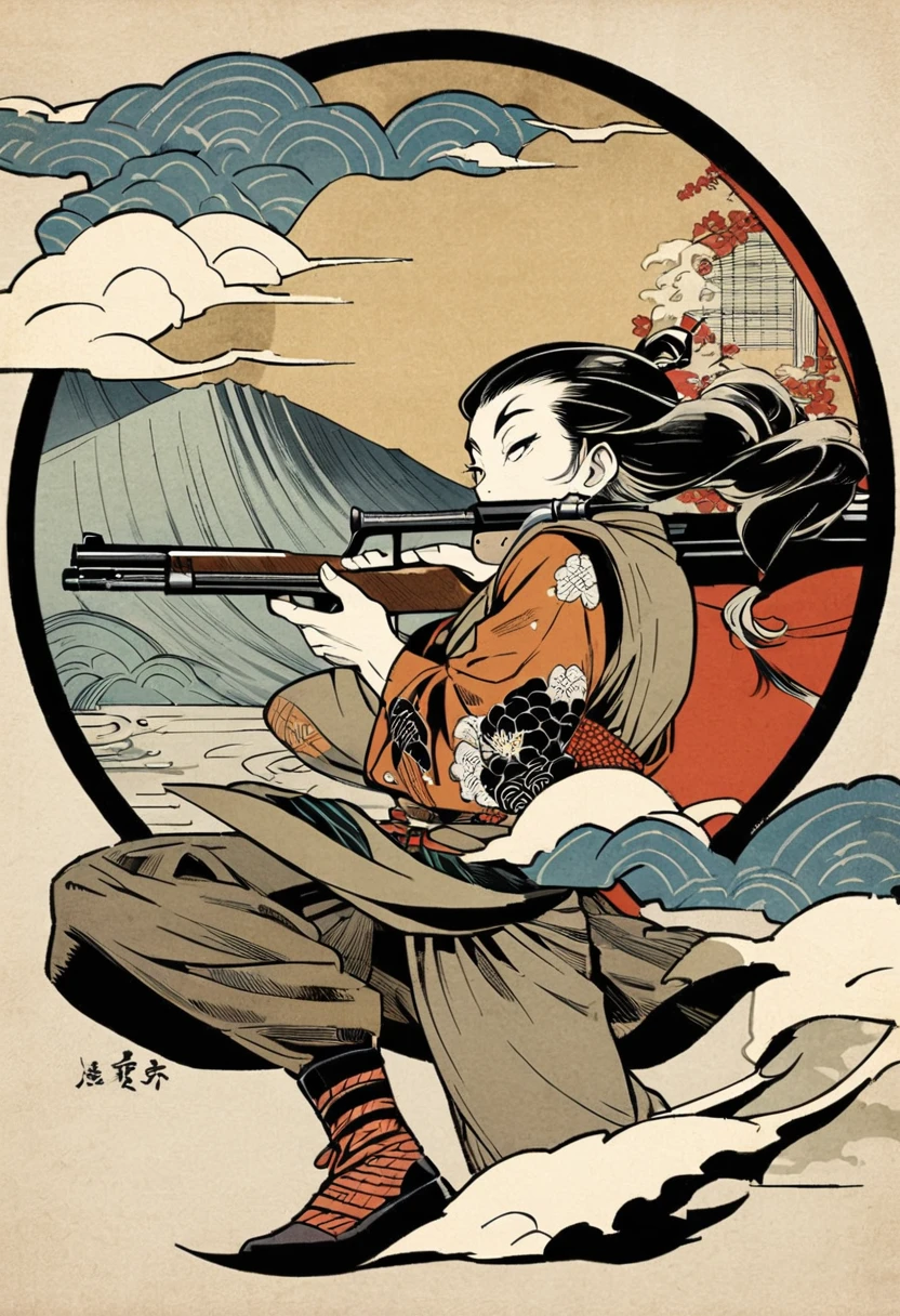 Draw in the style of Ukiyo-e,One hunter,A hunter with a shotgun