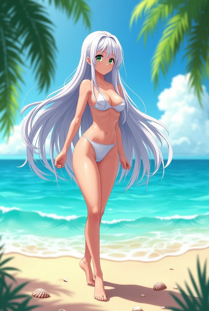 Anime girl with long white hair and a big breast posing on the beach naked