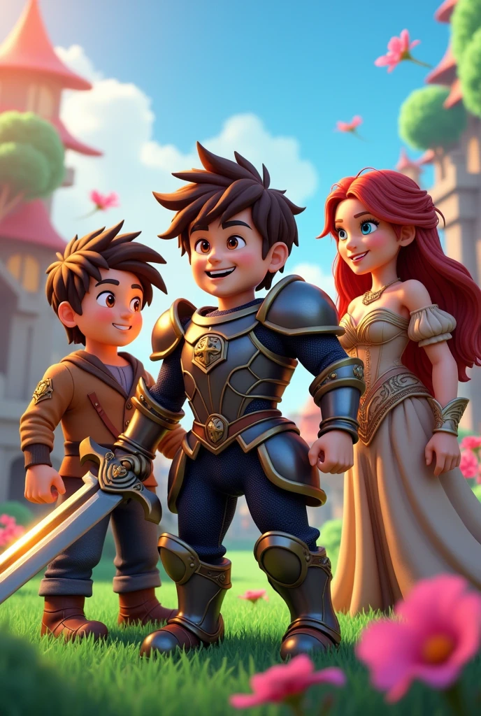 I want a Roblox thumbnail of a boy with brown hair and one boy dressed with a sword and the other dressed as a woman. 