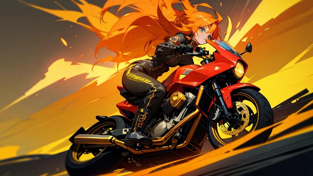 Goddess in a biker outfit with bright yellow flaming hair, red in the middle of a massive explosion