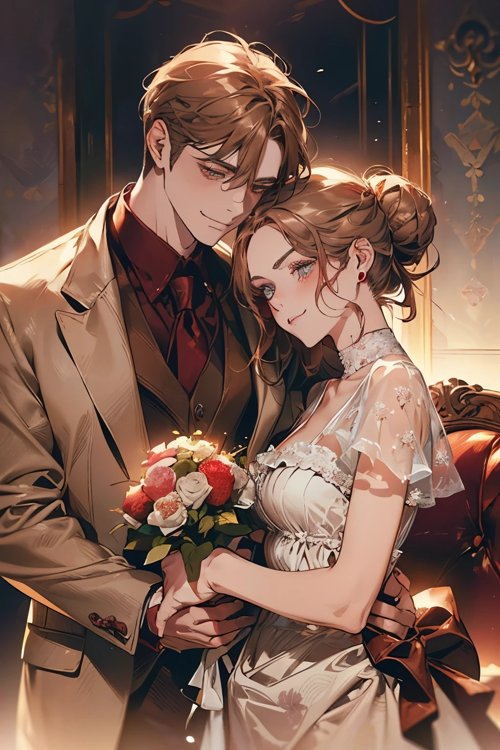 (tabletop, digitl art, digital illustration, 4K, 8K, ultra detali, Beautiful picture, Clear image, photorrealistic, raw-photo, face perfect, Perfect lines, perfects eyes, soft lighting) 1womanl, (Light brown bun hair,Bun hair,innocent looking,droopy eyebrows,droopy eyes,com rosto redondo,round jaws、innocence,cute,eye large,Make-up natural,smile gently,E Cup,23 are romances:1.3),Two handsome men in suits, (ten mens,Men in suit,very muscular,Firm shoulder width,adult man,boy hairstyle,Man in his 30s with a cool expression,28 year old man with bright smile:1.2),Old furniture,Antique Staples,Antique chair,lustres,Crystal glass,luxury,fantastic light,Marble fireplace,(embarrassed from,shy smile,Bouquet of red roses:1.2),Antique sofa,Leather sofa,the Kiss、Kiss、um casal、couple Kissing、Romance、single、doress
