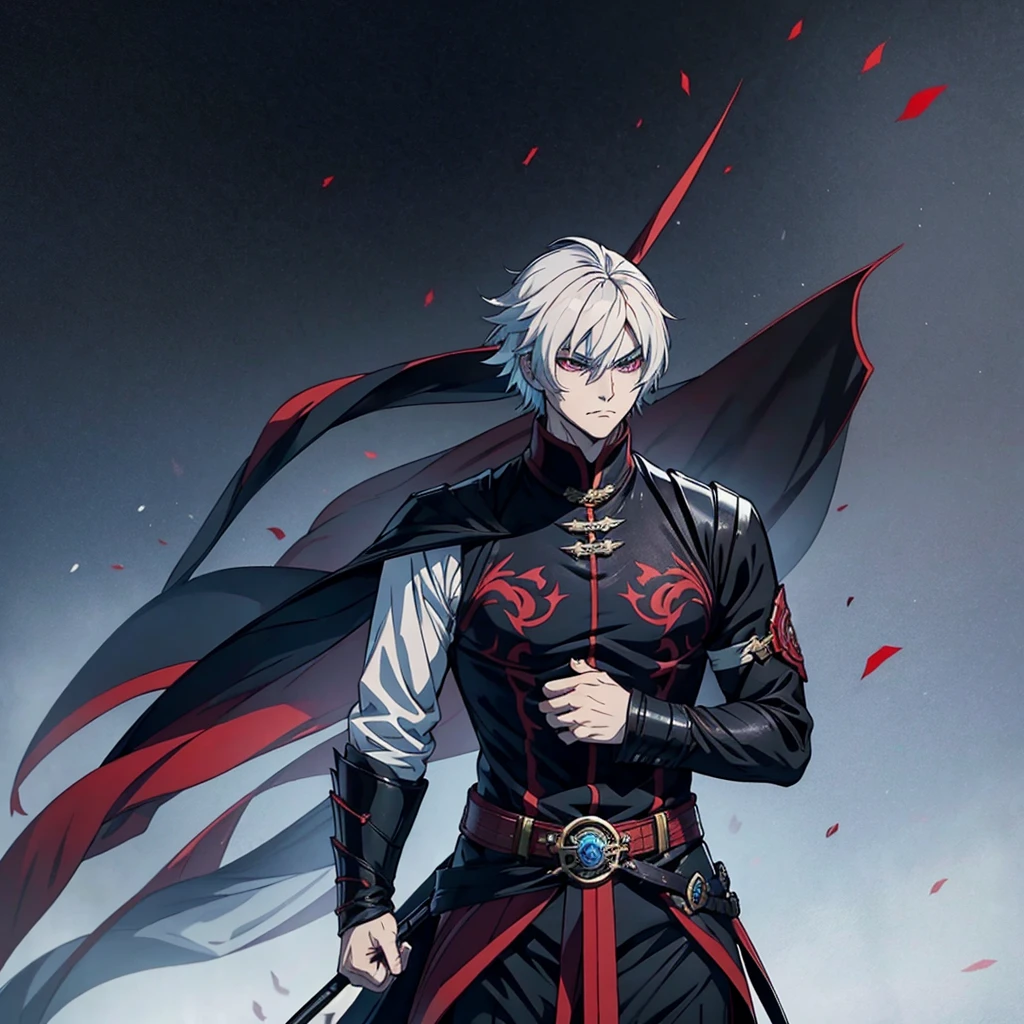 vampyre. Short colored hair.colored eye. stark . Cao Cao . brawny. confident. Stately. Black noble clothes. standing alone.