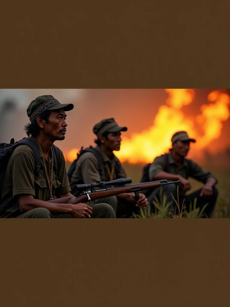 Three old Indonesian hunters wearing black beaded backpack straps sit by a gun during the day in front of a forest fire 8k