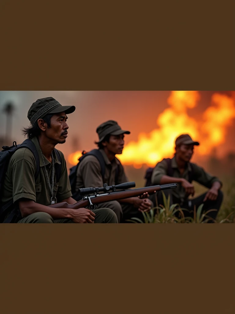 Three old Indonesian hunters wearing black beaded backpack straps sit by a gun during the day in front of a forest fire 8k  