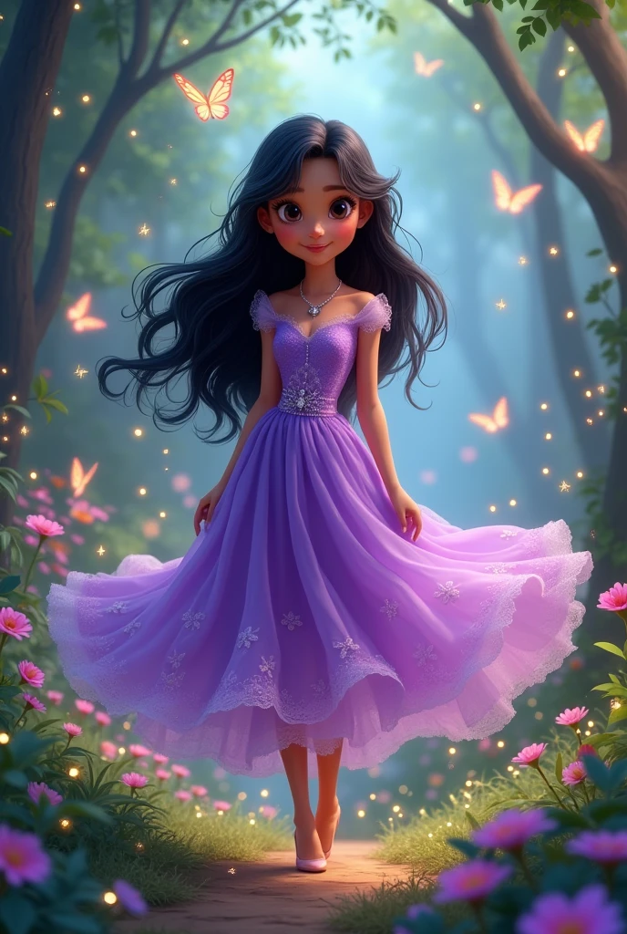 Make me the animated version of an 18 year old girl, hair below the shoulders, wavy fur, black fur, slim, light brown skin, Purple dress 