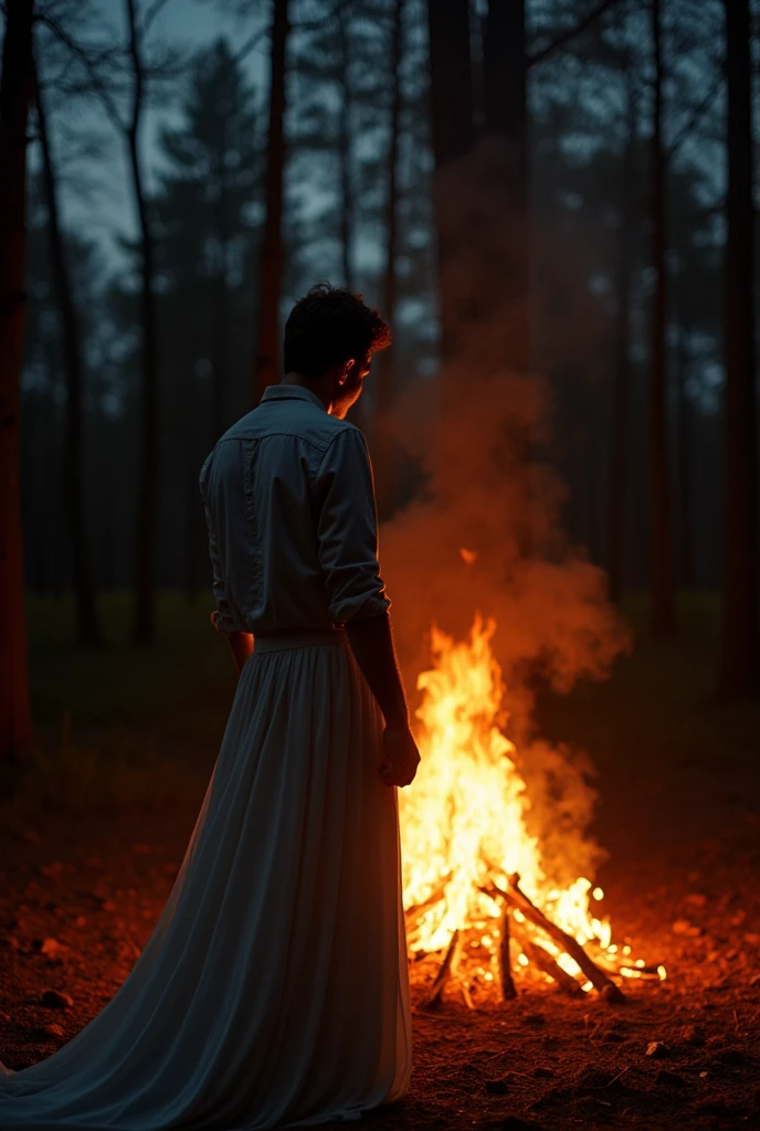 Man is seeing burning weeding dress because his wife cheated on him , with pain